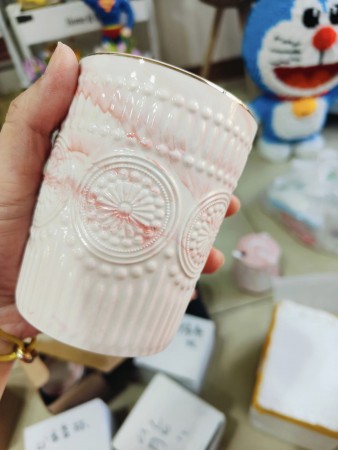 粉色大理石太陽花陶瓷杯  現貨