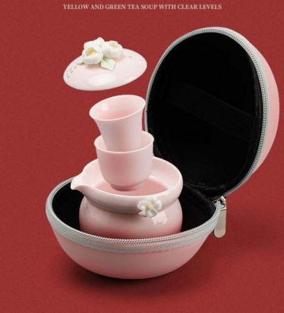 陶瓷粉色茉莉泡茶旅行茶具收納包