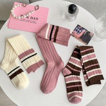 日系粉色條紋及膝高筒小腿襪