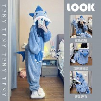 藍色鯊魚珊瑚絨可愛連體睡衣
