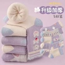 秋冬女童紫色兔子系列 厚毛巾底中筒襪5雙組